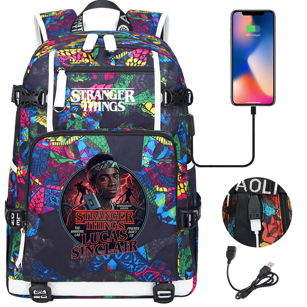 Strangers Things Lucas Sinclair USB Charging Backpack School NoteBook Laptop Travel Bags