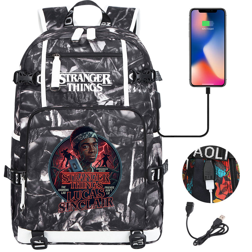 Strangers Things Lucas Sinclair USB Charging Backpack School NoteBook Laptop Travel Bags