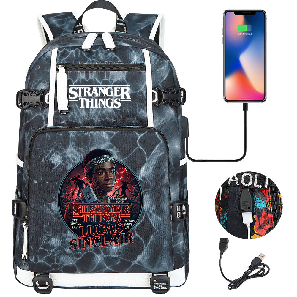 Strangers Things Lucas Sinclair USB Charging Backpack School NoteBook Laptop Travel Bags