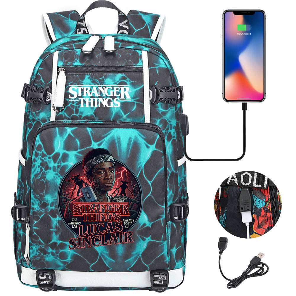 Strangers Things Lucas Sinclair USB Charging Backpack School NoteBook Laptop Travel Bags