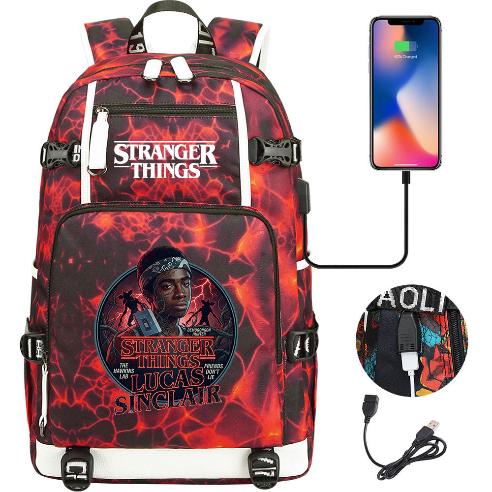 Strangers Things Lucas Sinclair USB Charging Backpack School NoteBook Laptop Travel Bags
