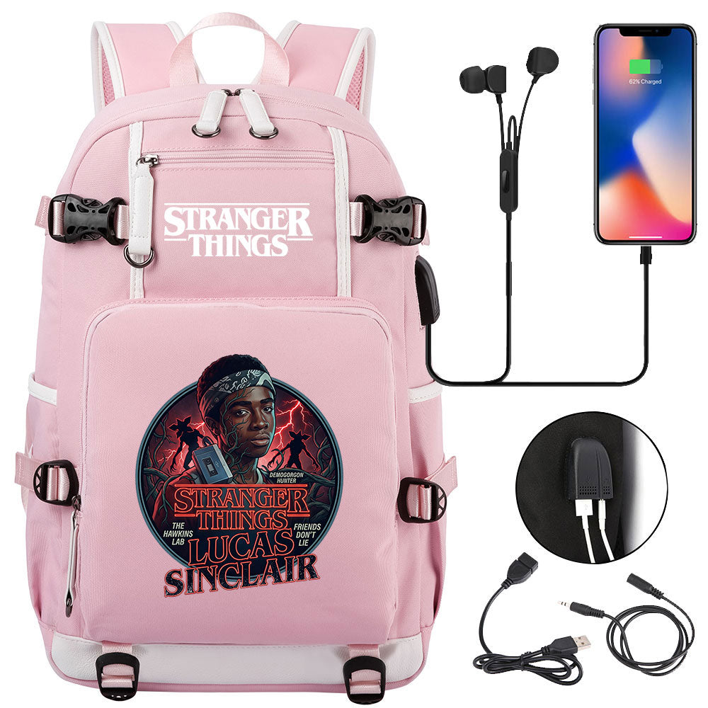 Strangers Things Lucas Sinclair USB Charging Backpack School NoteBook Laptop Travel Bags