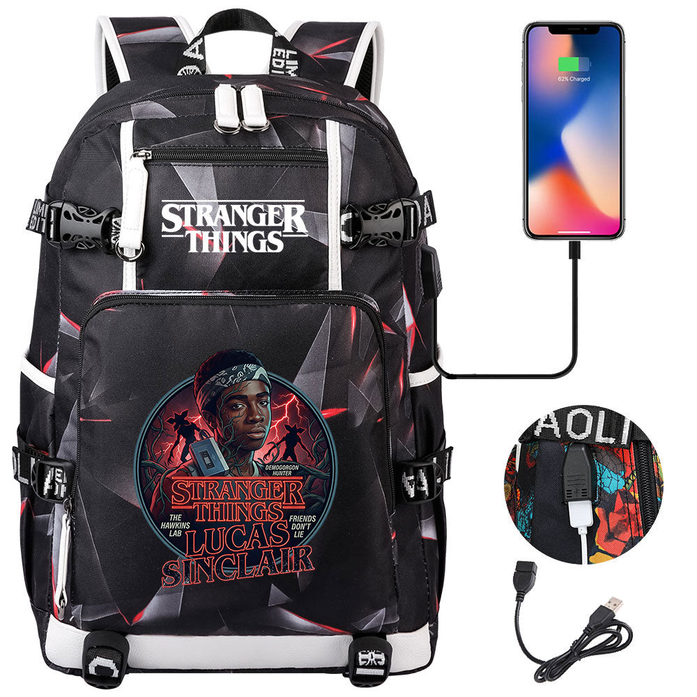 Strangers Things Lucas Sinclair USB Charging Backpack School NoteBook Laptop Travel Bags