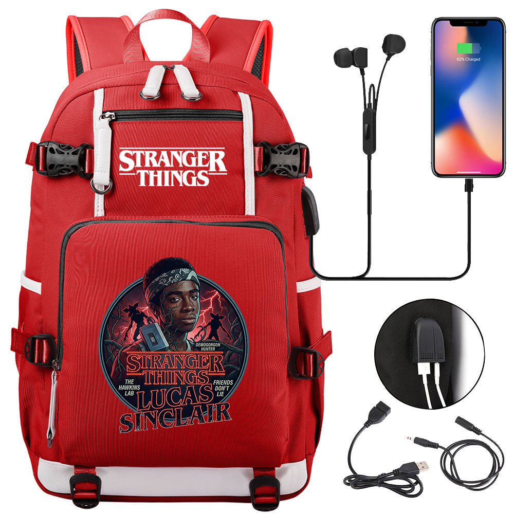 Strangers Things Lucas Sinclair USB Charging Backpack School NoteBook Laptop Travel Bags