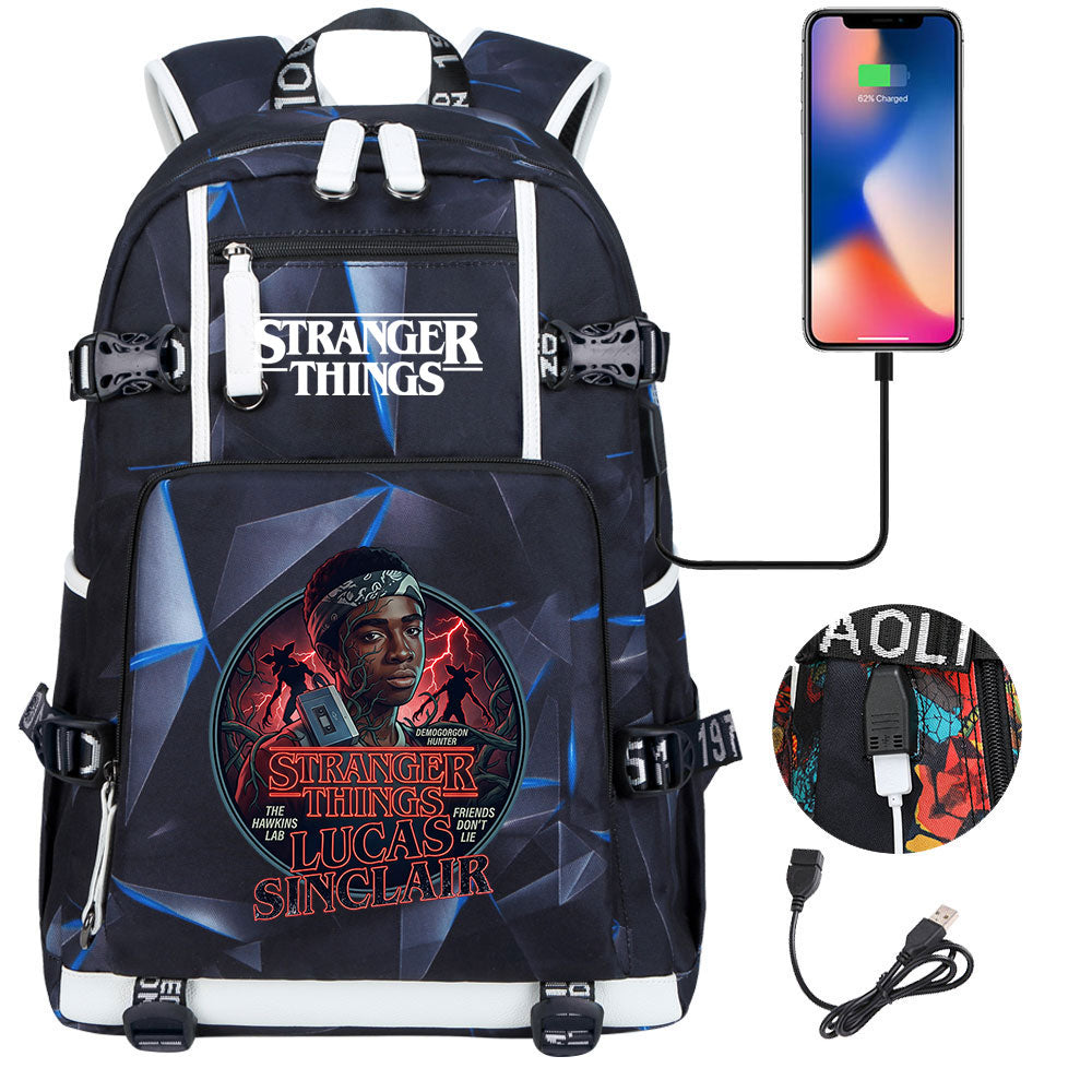 Strangers Things Lucas Sinclair USB Charging Backpack School NoteBook Laptop Travel Bags