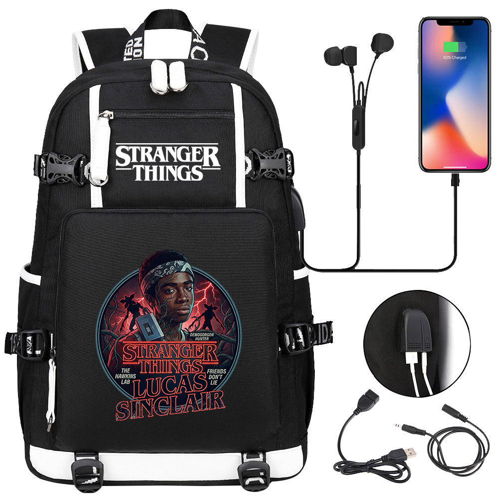 Strangers Things Lucas Sinclair USB Charging Backpack School NoteBook Laptop Travel Bags