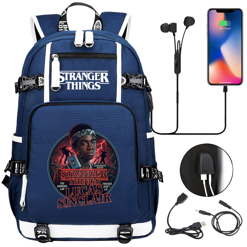 Strangers Things Lucas Sinclair USB Charging Backpack School NoteBook Laptop Travel Bags