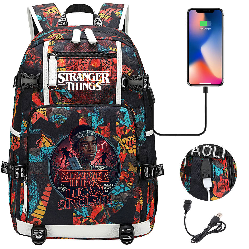 Strangers Things Lucas Sinclair USB Charging Backpack School NoteBook Laptop Travel Bags