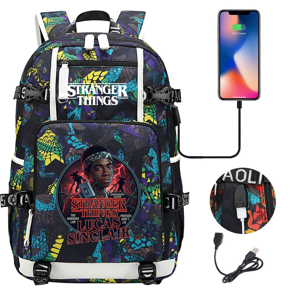 Strangers Things Lucas Sinclair USB Charging Backpack School NoteBook Laptop Travel Bags