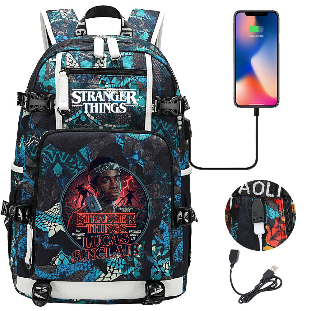 Strangers Things Lucas Sinclair USB Charging Backpack School NoteBook Laptop Travel Bags