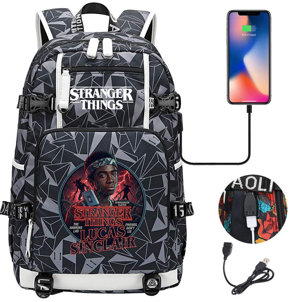 Strangers Things Lucas Sinclair USB Charging Backpack School NoteBook Laptop Travel Bags