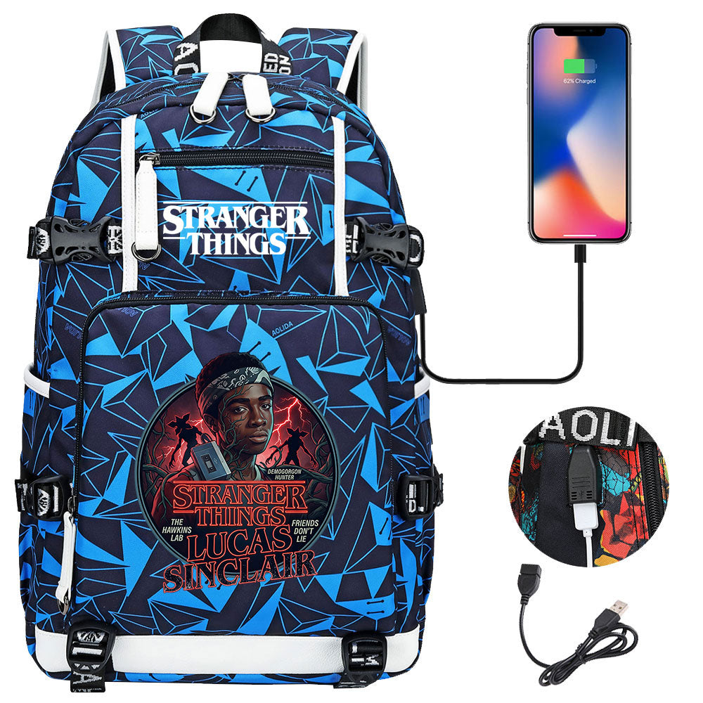 Strangers Things Lucas Sinclair USB Charging Backpack School NoteBook Laptop Travel Bags