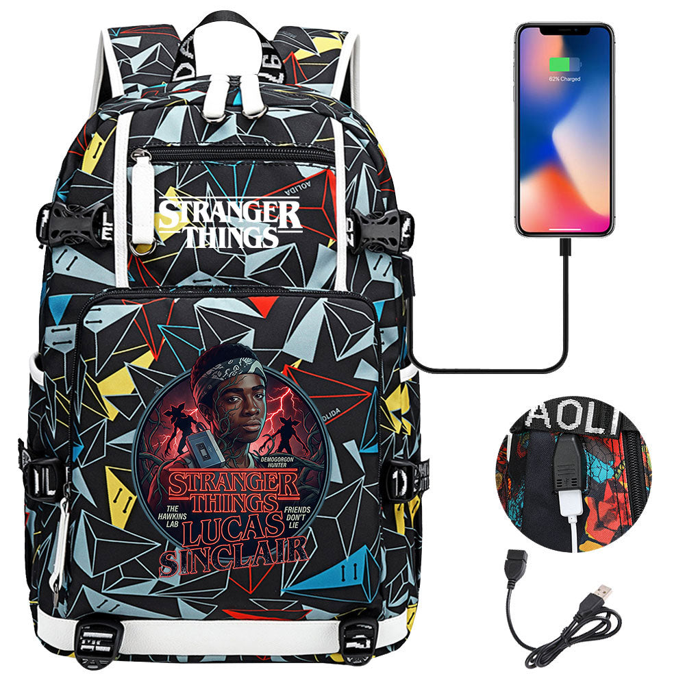 Strangers Things Lucas Sinclair USB Charging Backpack School NoteBook Laptop Travel Bags