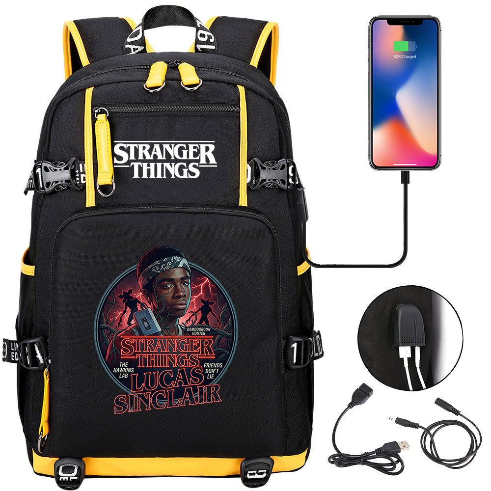 Strangers Things Lucas Sinclair USB Charging Backpack School NoteBook Laptop Travel Bags