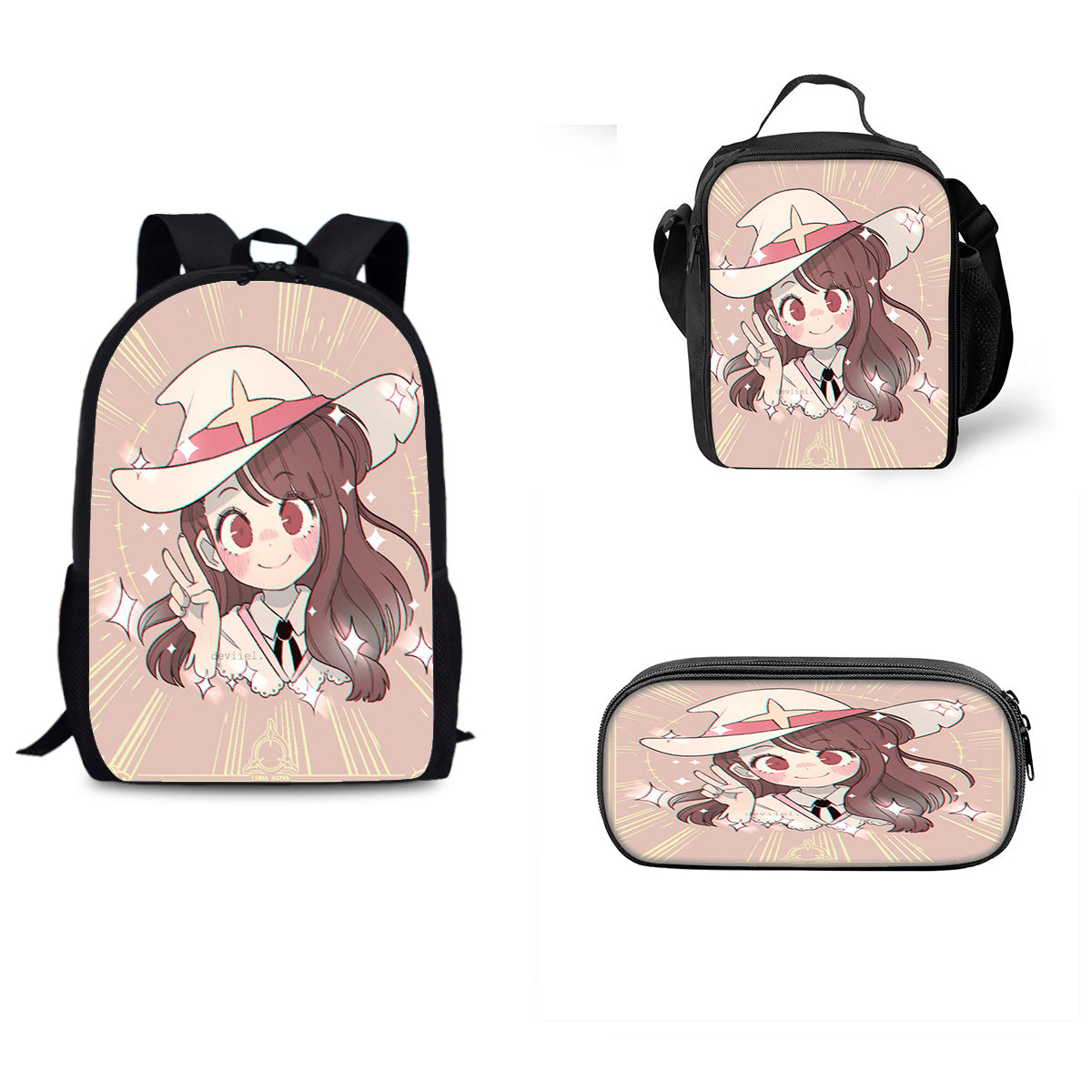 Little Witch Academia Schoolbag Backpack Lunch Bag Pencil Case 3pcs Set Gift for Kids Students