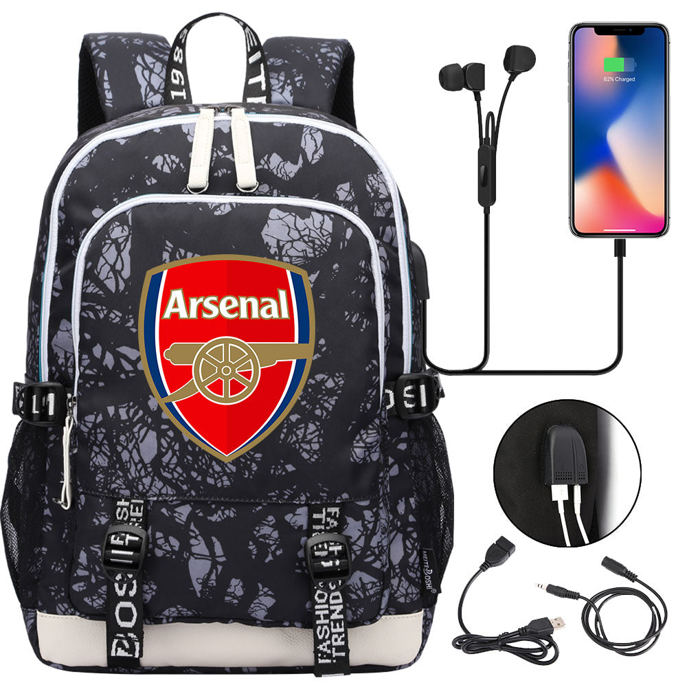 Arsenal Football Club USB Charging Backpack School Note Book Laptop Travel Bags