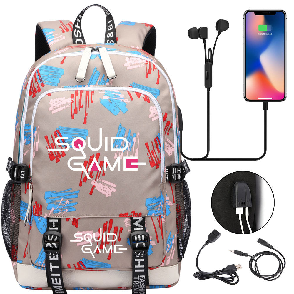 Squid Game USB Charging Backpack School Note Book Laptop Travel Bags