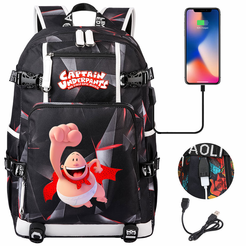 Captain Underpants USB Charging Backpack School NoteBook Laptop Travel Bags