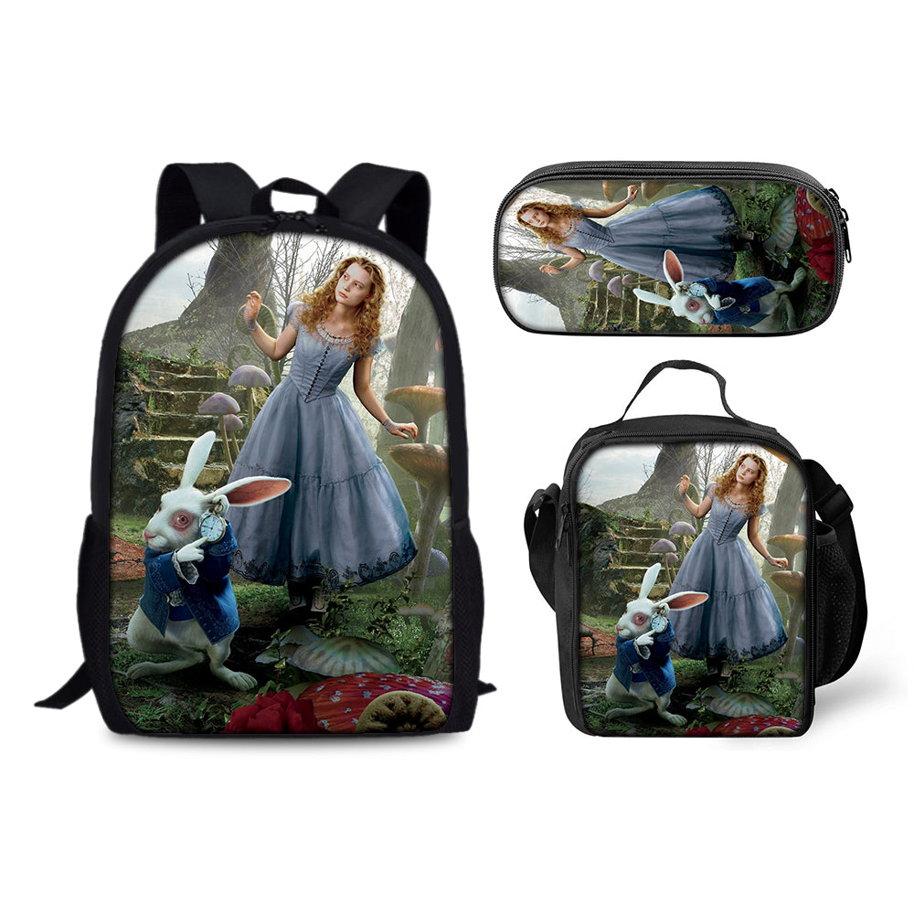 Alice in Wonderland Schoolbag Backpack Lunch Bag Pencil Case 3pcs Set Gift for Kids Students