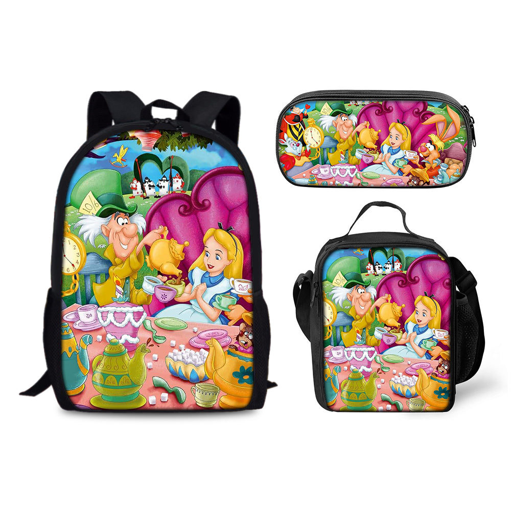 Alice in Wonderland Schoolbag Backpack Lunch Bag Pencil Case 3pcs Set Gift for Kids Students