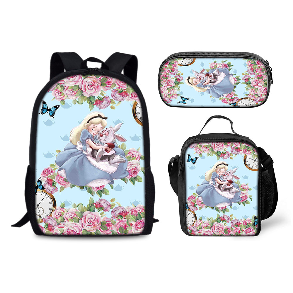 Alice in Wonderland Schoolbag Backpack Lunch Bag Pencil Case 3pcs Set Gift for Kids Students
