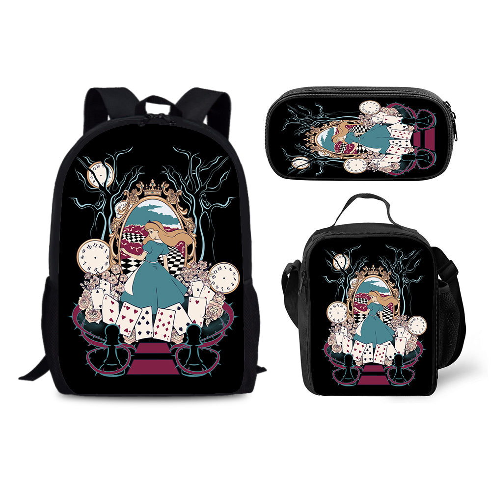 Alice in Wonderland Schoolbag Backpack Lunch Bag Pencil Case 3pcs Set Gift for Kids Students