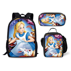 Alice in Wonderland Schoolbag Backpack Lunch Bag Pencil Case 3pcs Set Gift for Kids Students