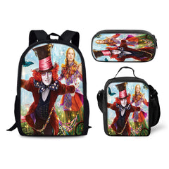 Alice in Wonderland Schoolbag Backpack Lunch Bag Pencil Case 3pcs Set Gift for Kids Students