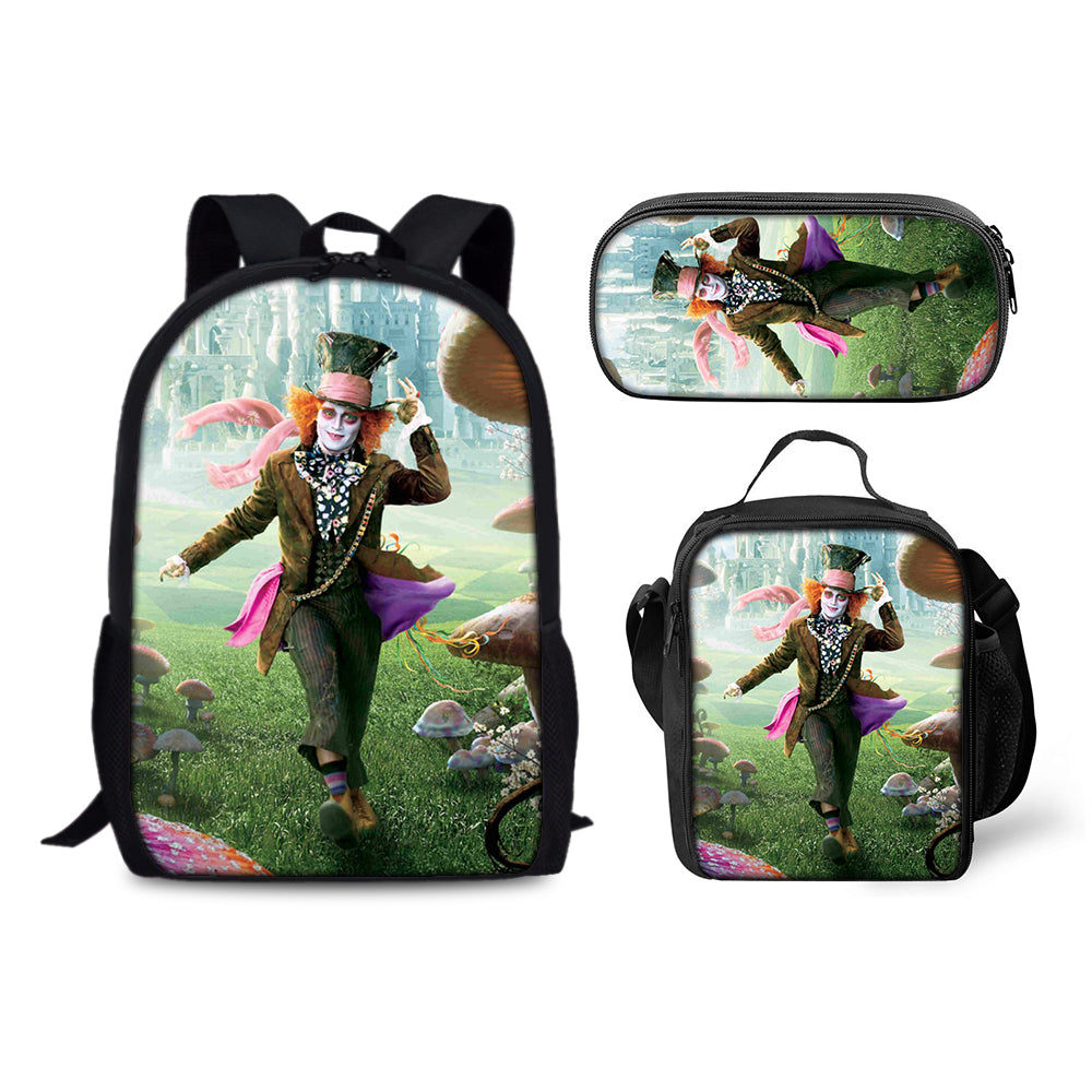 Alice in Wonderland Schoolbag Backpack Lunch Bag Pencil Case 3pcs Set Gift for Kids Students