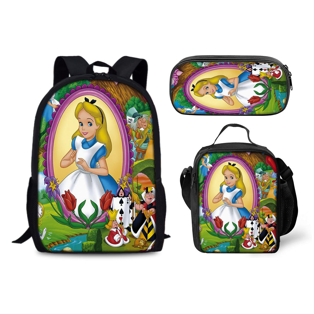 Alice in Wonderland Schoolbag Backpack Lunch Bag Pencil Case 3pcs Set Gift for Kids Students