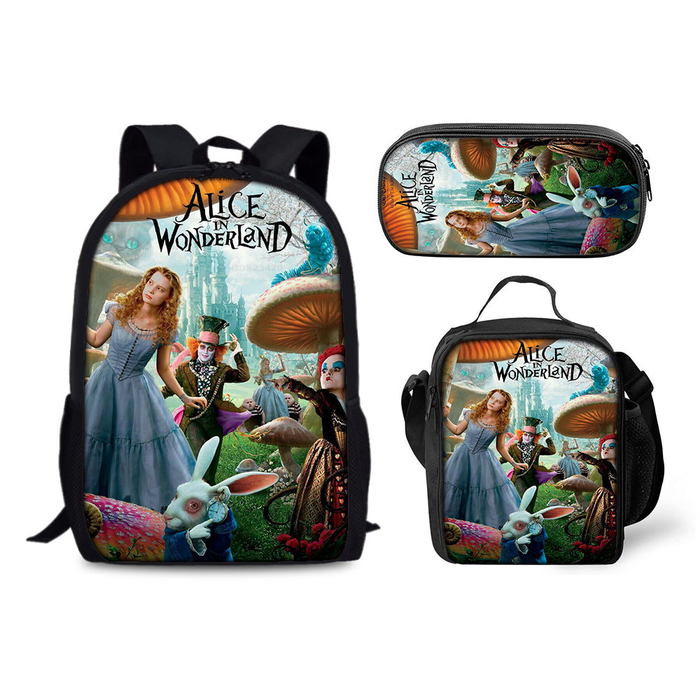 Alice in Wonderland Schoolbag Backpack Lunch Bag Pencil Case 3pcs Set Gift for Kids Students