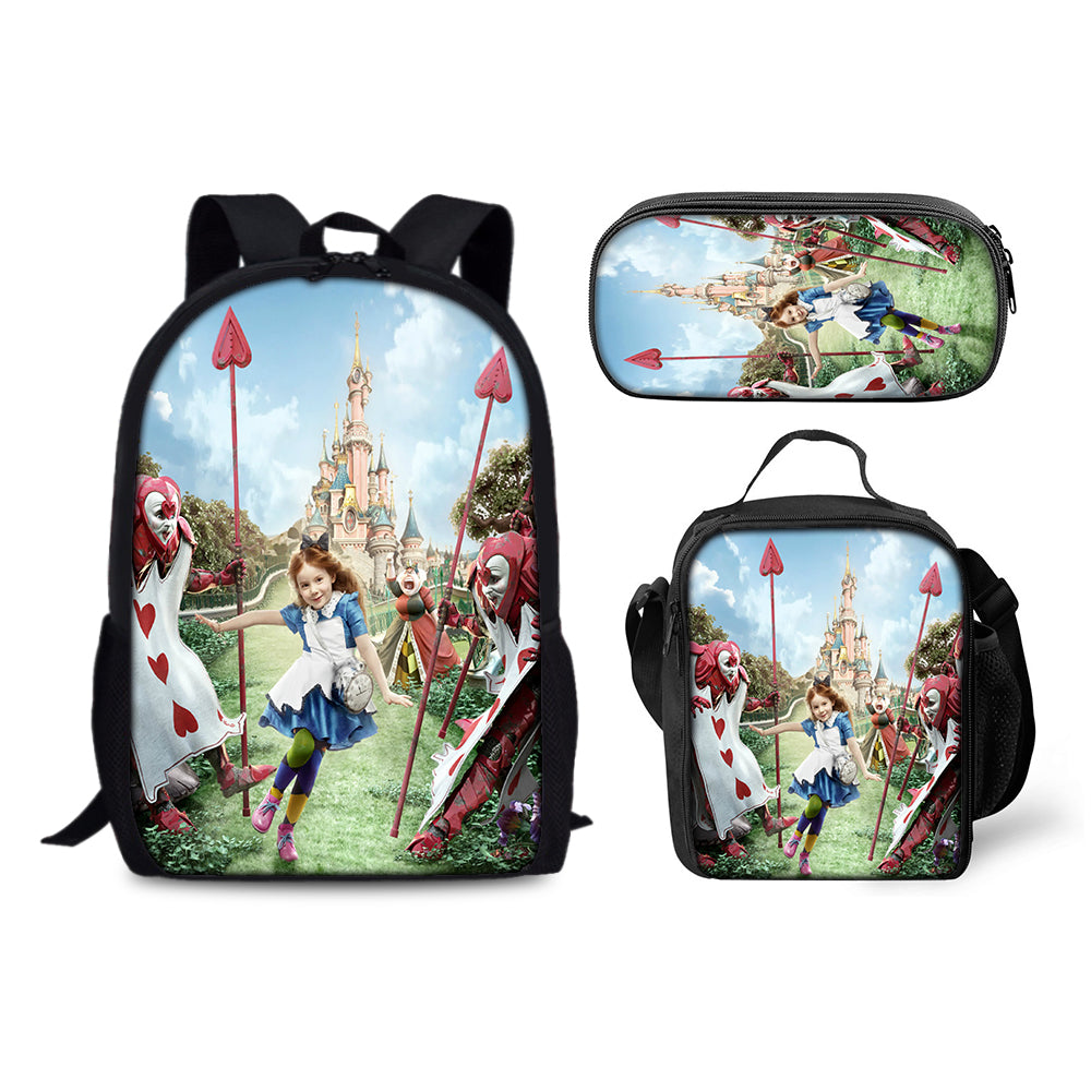 Alice in Wonderland Schoolbag Backpack Lunch Bag Pencil Case 3pcs Set Gift for Kids Students
