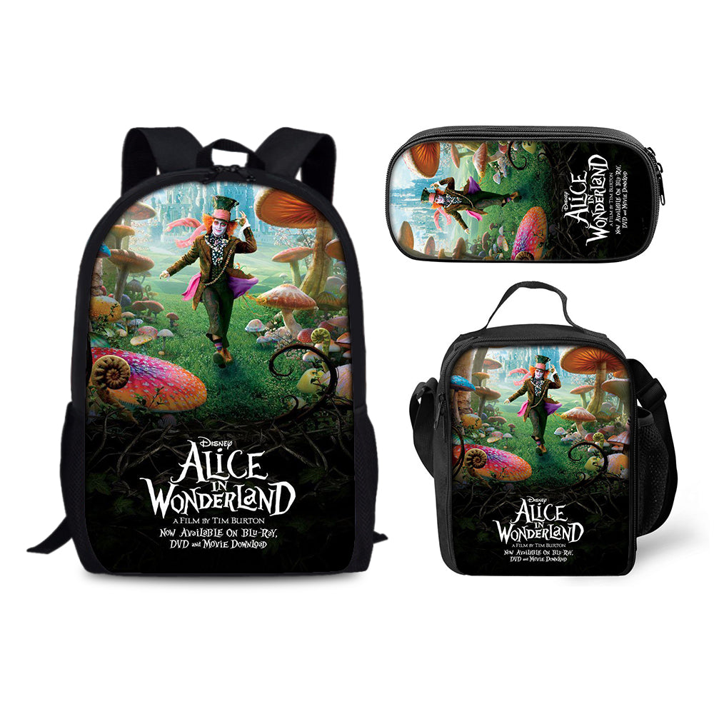 Alice in Wonderland Schoolbag Backpack Lunch Bag Pencil Case 3pcs Set Gift for Kids Students