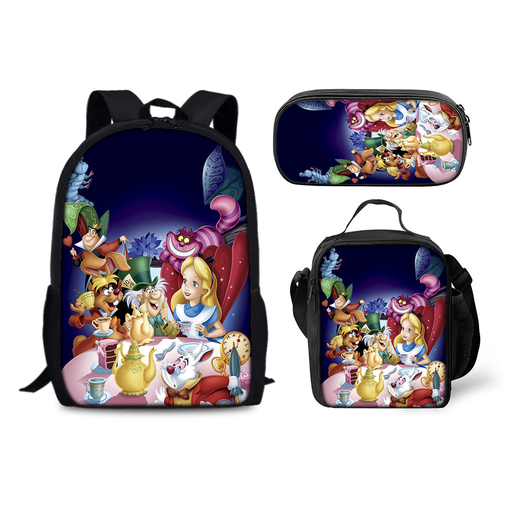 Alice in Wonderland Schoolbag Backpack Lunch Bag Pencil Case 3pcs Set Gift for Kids Students