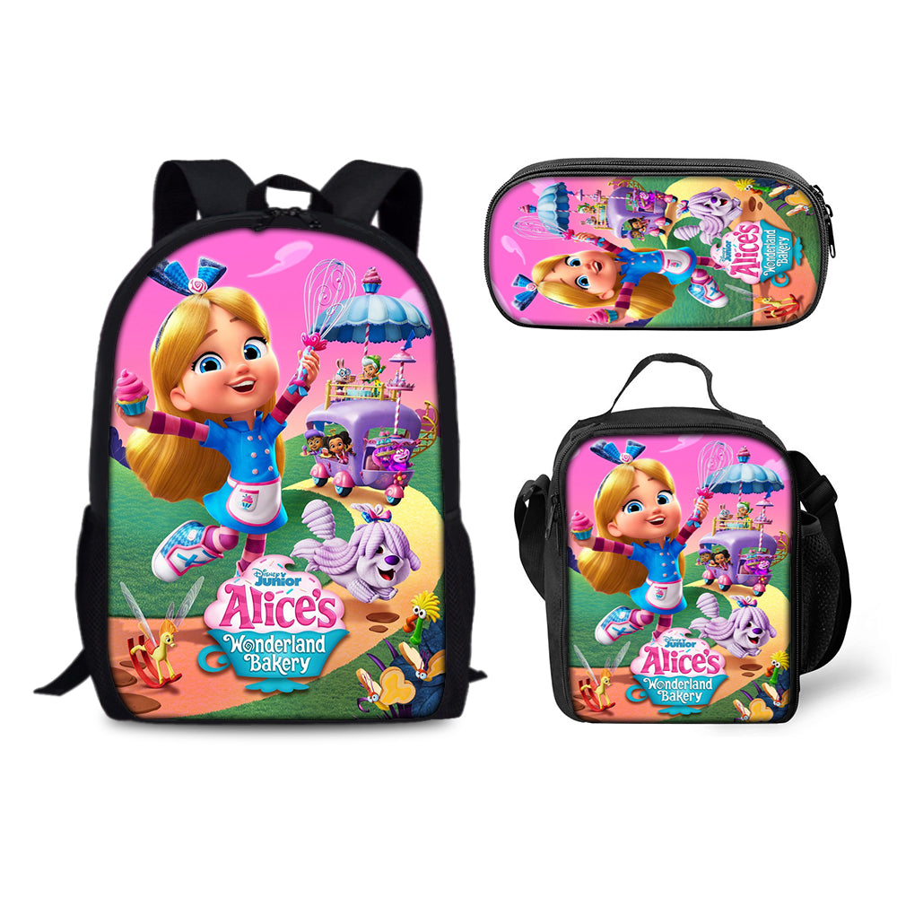 Alices Wonderland Bakery Schoolbag Backpack Lunch Bag Pencil Case 3pcs Set Gift for Kids Students