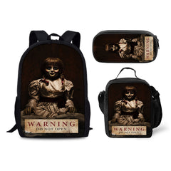 Annabelle Horror Movie Schoolbag Backpack Lunch Bag Pencil Case 3pcs Set Gift for Kids Students