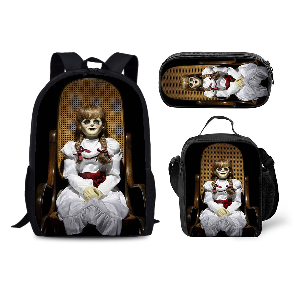 Annabelle Horror Movie Schoolbag Backpack Lunch Bag Pencil Case 3pcs Set Gift for Kids Students