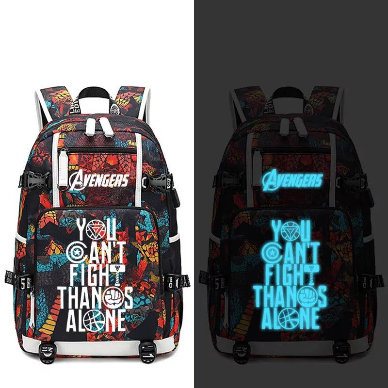 Avengers Iron Man Captain America Thanos Infinity Gauntlet USB Charging Backpack School NoteBook Laptop Travel Bags Luminous