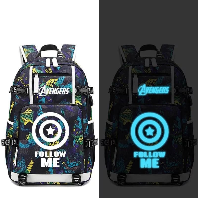 Avengers Iron Man Captain America Thanos Infinity Gauntlet USB Charging Backpack School NoteBook Laptop Travel Bags Luminous