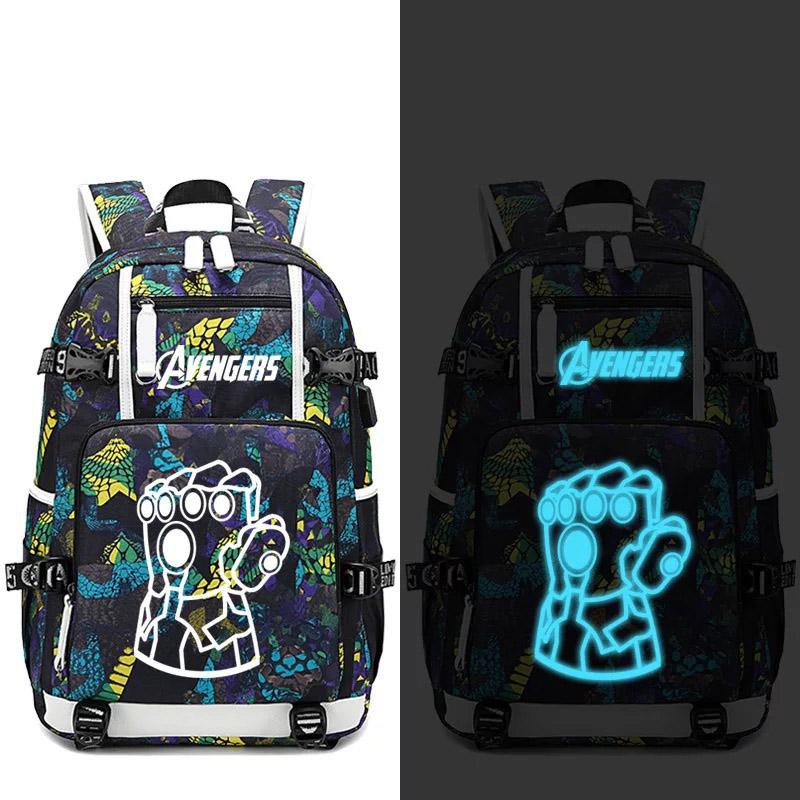 Avengers Iron Man Captain America Thanos Infinity Gauntlet USB Charging Backpack School NoteBook Laptop Travel Bags Luminous