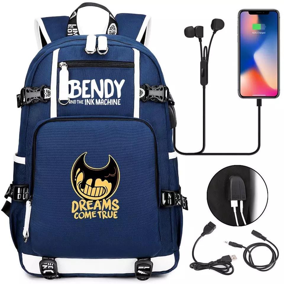 Bendy and Ink Machine USB Charging Backpack School NoteBook Laptop Travel Bags