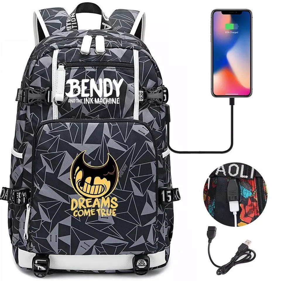 Bendy and Ink Machine USB Charging Backpack School NoteBook Laptop Travel Bags