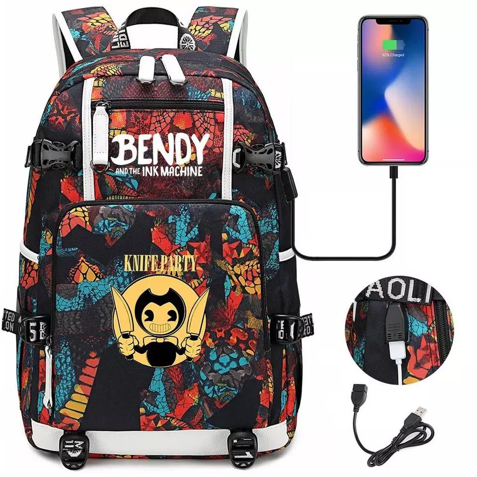Bendy and Ink Machine USB Charging Backpack School NoteBook Laptop Travel Bags