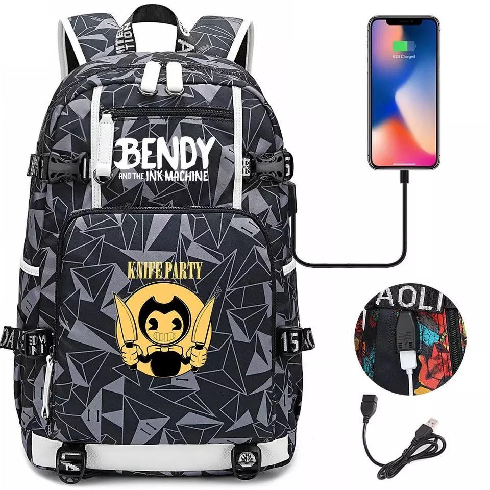 Bendy and Ink Machine USB Charging Backpack School NoteBook Laptop Travel Bags