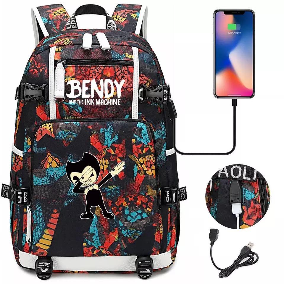 Bendy and Ink Machine USB Charging Backpack School NoteBook Laptop Travel Bags