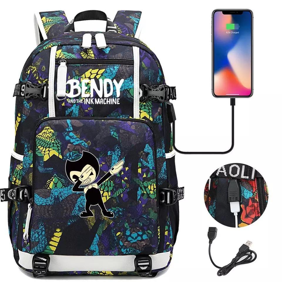 Bendy and Ink Machine USB Charging Backpack School NoteBook Laptop Travel Bags