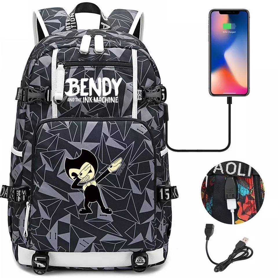 Bendy and Ink Machine USB Charging Backpack School NoteBook Laptop Travel Bags