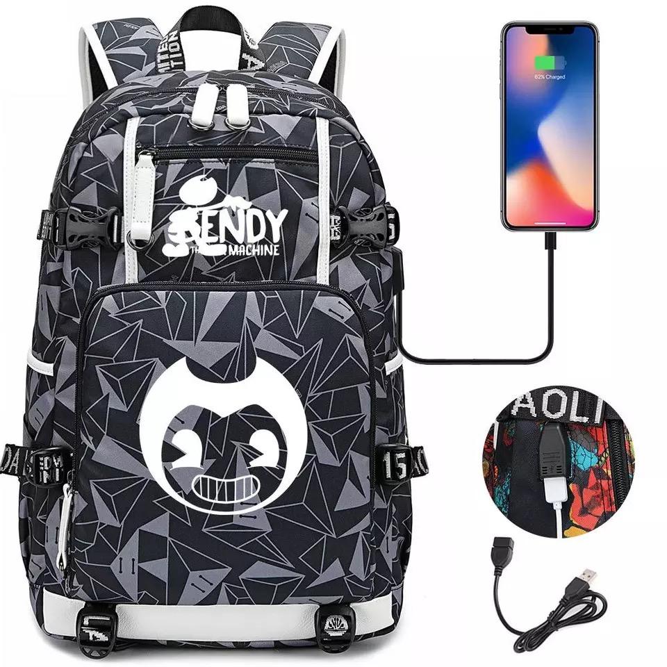 Bendy and Ink Machine USB Charging Backpack School NoteBook Laptop Travel Bags