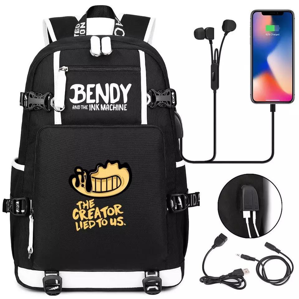 Bendy and Ink Machine USB Charging Backpack School NoteBook Laptop Travel Bags