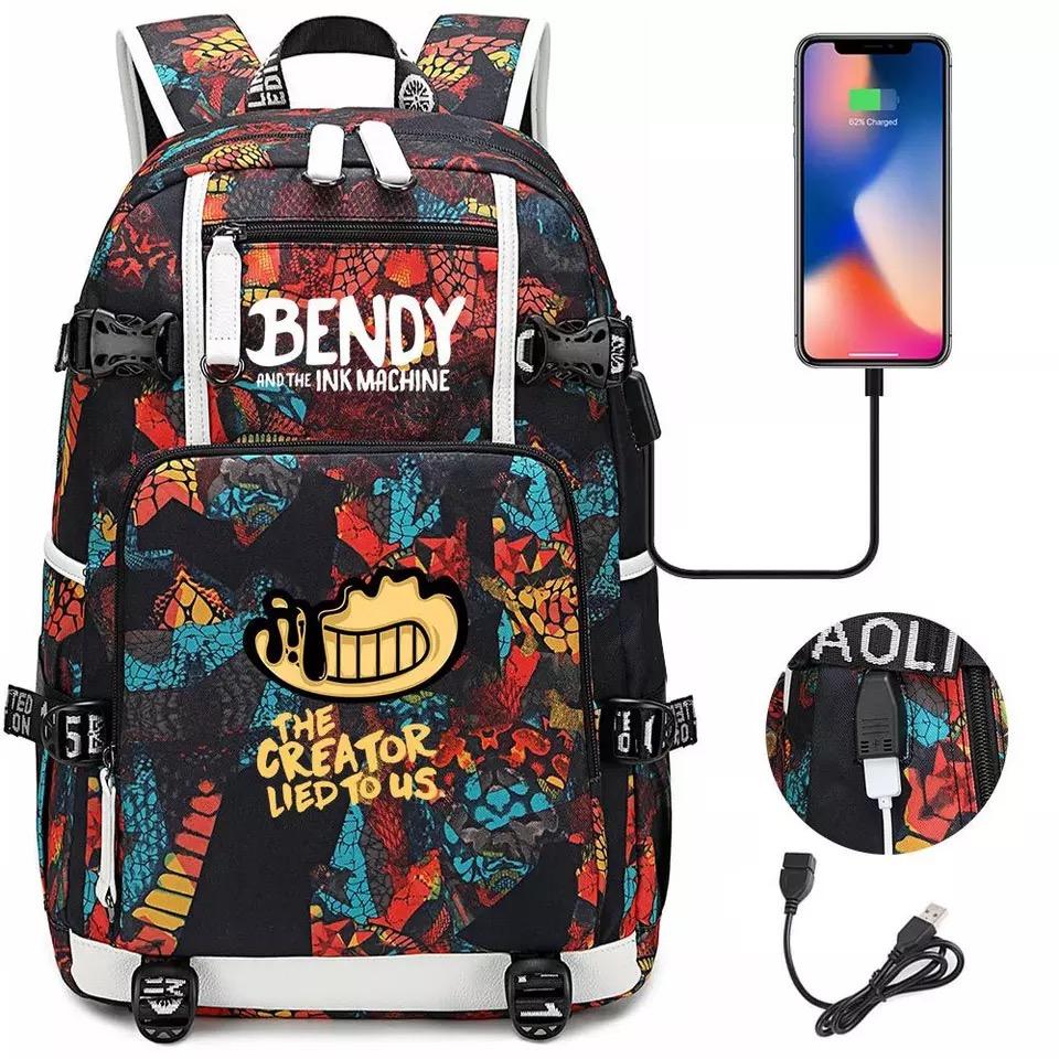 Bendy and Ink Machine USB Charging Backpack School NoteBook Laptop Travel Bags